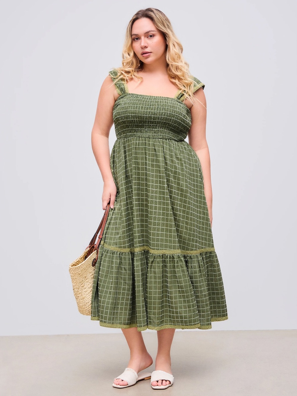 Cider Olive Green Smocked Midi Dress with Tiered Skirt